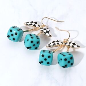 Retro Turquoise Checkered Dice Leaf Stem Cherry Dangle Earrings Enamel Cherries